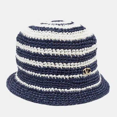 Pre-owned Valentino Garavani Navy Blue/white Striped Crochet Bucket Hat S