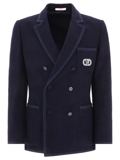Valentino Navy Bouclé Wool Blazer With Vlogo Signature Embroidered For Men In Blue