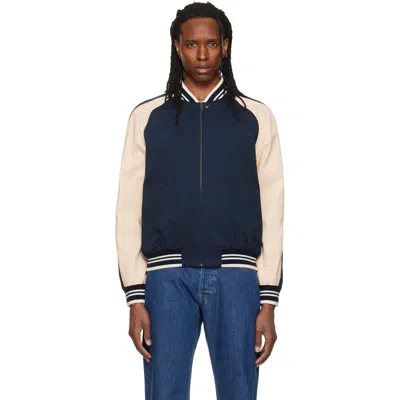 Valentino Navy Canvas & Fine Gabardine Bomber Jacket In Blue