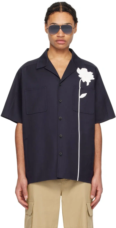 Valentino Navy Floral Appliqué Shirt In Blu Scuro