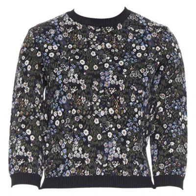 Pre-owned Valentino Navy Floral Jacquard Viscose Polyester Blend Knit Sweater Top S In Blue