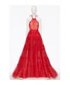 Valentino Sheer Tulle Lace Panel Halter Backless Gown In Rose