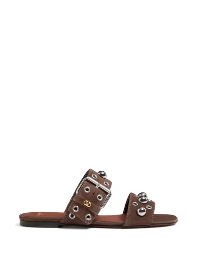 Valentino Garavani Nellcôte Crust Leather Slide Sandal In Brown