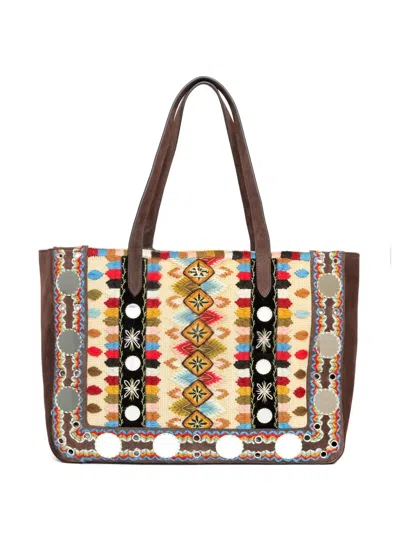 Valentino Garavani Nellcôte Embellished Embroidered Suede, Canvas And Velvet Tote In Brown