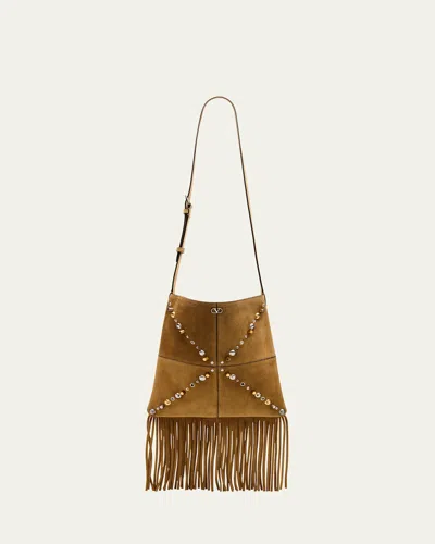 Valentino Garavani Nellcote Fringe Stud Suede Crossbody Bag In Havana Beige
