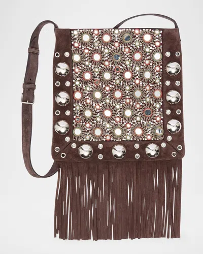 Valentino Garavani Nellcote Medium Studded Fringed Suede Crossbody Bag In Brown
