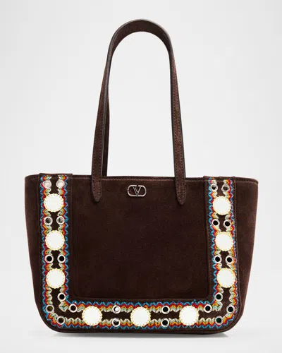Valentino Garavani Nellcote Mirror-embellished Suede Mini Tote Bag In Brown