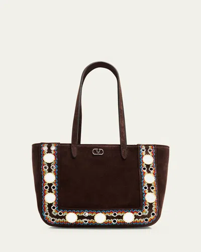 Valentino Garavani Nellcote Mirror-embellished Suede Mini Tote Bag In Medium Brown