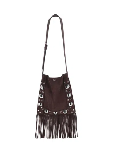 Valentino Garavani Fringed Suede Shoulder Bag With Adjustable Strap In Brown