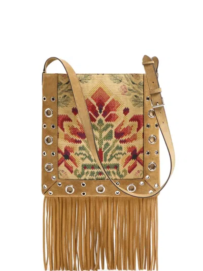 Valentino Garavani Nellcôte Shoulder Bag In Jacquard Fabric With Fringes In Neutral