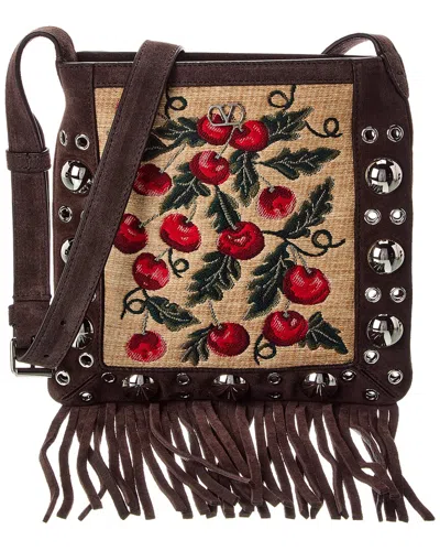 Valentino Garavani Valentino Nellcote Small Cherryfic Suede Shoulder Bag In Brown