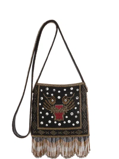 Valentino Garavani Nellcôte Small Embroidered Shoulder Bag With Fringes In Black