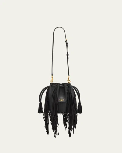 Valentino Garavani Nellcote Small Fringe Leather Bucket Bag In Nero