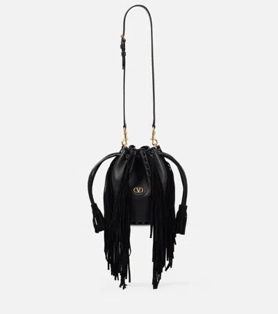 Valentino Garavani Nellcôte Small Fringed Leather Bucket Bag In Black