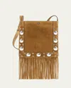 Valentino Nellcote Fringe Studded Suede Crossbody Bag In Havana Beige