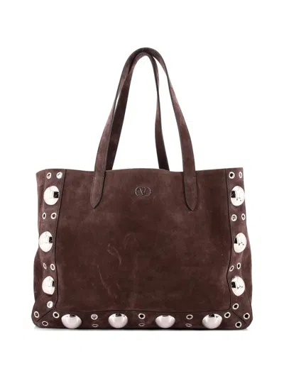 Pre-owned Valentino Garavani Nellcote Studded Suede Medium Tote Bag In Brown