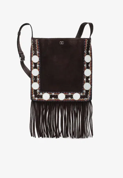 Valentino Garavani Nellcôte Suede Fringed Shoulder Bag In Brown