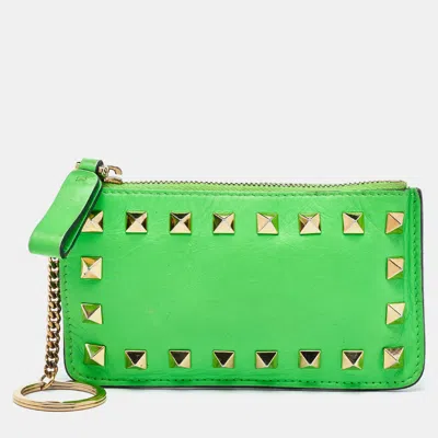 Pre-owned Valentino Garavani Neon Green Leather Rockstud Keychain Card Holder