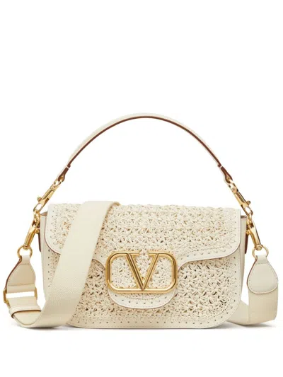 Valentino Garavani Neutral All Time Crochet Leather Shoulder Bag In Ivory