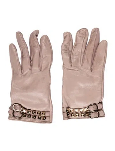 Pre-owned Valentino Garavani Neutral Leather Gloves Gold Tone Rockstud Accent In Neutrals