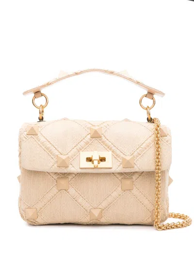 Valentino Garavani Neutral Roman Stud Raffia Tote Bag In Brown