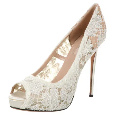 Pre-owned Valentino Garavani New Valentino $1745 Lace Crystal Embellished Off-white Platform Pumps It 39.5 In Sand