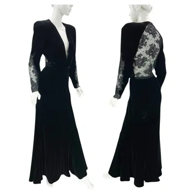 Pre-owned Valentino Night Vintage Black Velvet & Lace Plunging Gown, C. 1980s–1990s Us 6