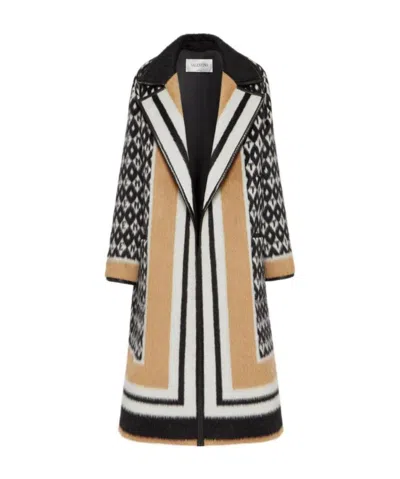 Valentino Notched-lapel Intarsia-knit Coat In Black
