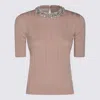 Valentino Beige Vertical Striped Slim Fit Short Sleeve Sweater In Nude