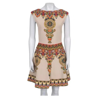 Pre-owned Valentino Nwot  Beige Printed Fitted Dress Sz M In Brown