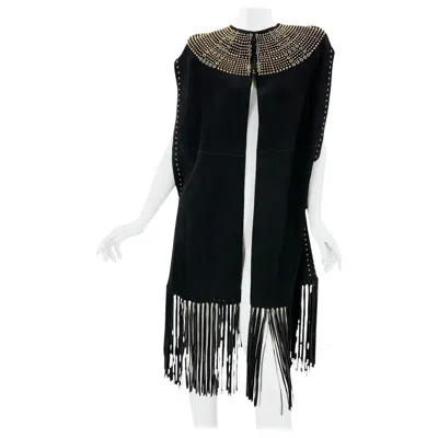 Pre-owned Valentino Nwt $9800  Black Leather Suede Studded Fringe Trim Cape Size 4 Oversize