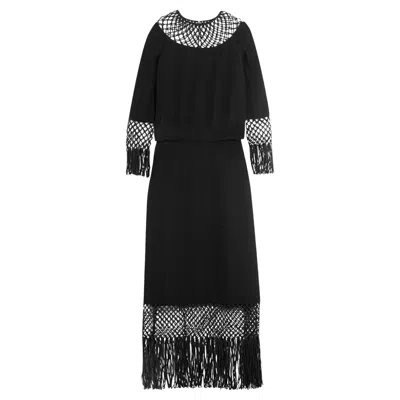 Pre-owned Valentino Nwt  As Seen On Queen Maxima Black Macramé Silk Crepe Fringe Dress 40