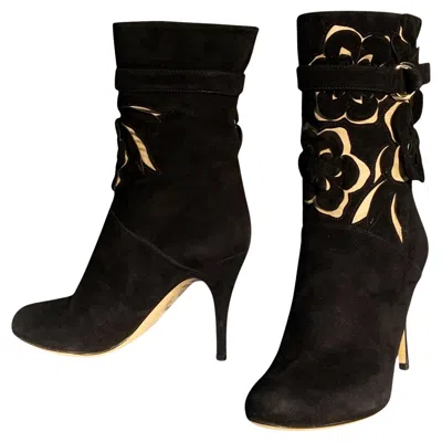 Pre-owned Valentino Garavani Nwt  Floral Cut Out Suede Leather Heel Boots Black 36.5 Us 6.5
