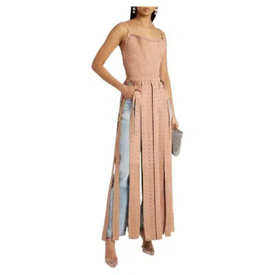 Pre-owned Valentino Nwt  Garavani Runway Leather Fringe Crystal Embellished Top 38 & 40 In Sand