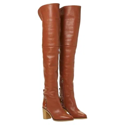 Pre-owned Valentino Garavani Nwt Valentino Leather Lamb Shearling Lined Over Knee Rockstud Boots 38.5 / 36.5 In Brown
