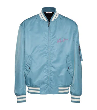 Valentino Nylon Bomber Jacket With Embroidery And Print. In Blue