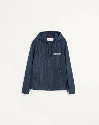 Valentino Nylon Hooded Windbreaker With Chez Print In Blue