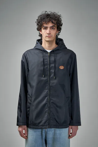 Valentino Nylon Hooded Windbreaker With V-logo Patch In Blue
