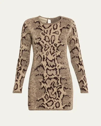 Valentino Ocelot Cashmere Long-sleeve Mini Sweater Dress In Gold