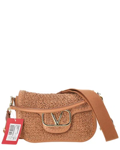 Valentino Garavani Valentino Ochre Calfskin Leather Alltime Woven-accent Shoulder Bag In Brown
