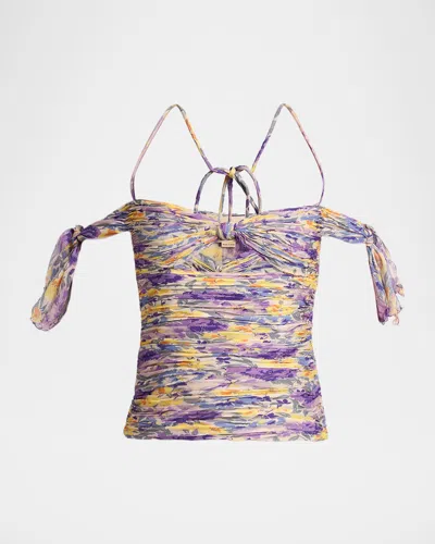 Valentino Off-the-shoulder Ruched Floral Silk Cutout Top In Purple