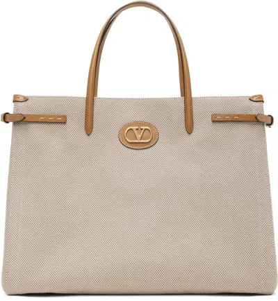 Valentino Garavani Off-white & Brown Antibes Large Canvas Shopping Tote In R2h Naturale-tobacco