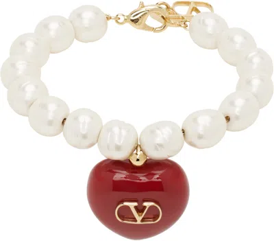 Valentino Garavani Off-white & Red Coeur Royal Bracelet In R5p Oro/rosso/cream