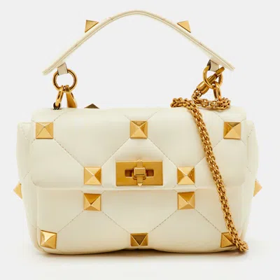 Pre-owned Valentino Garavani Off White Leather Medium Roman Stud Top Handle Bag