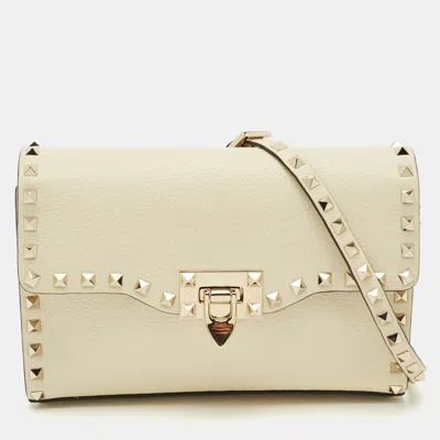 Pre-owned Valentino Garavani Off White Leather Rockstud Flap Shoulder Bag