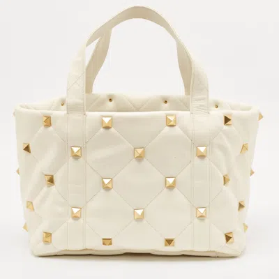Valentino Garavani Off White Leather Roman Stud Shopper Tote