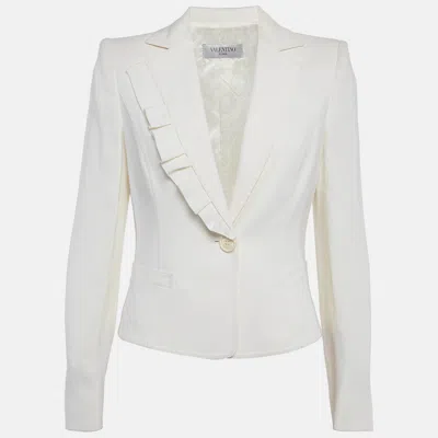 Pre-owned Valentino Off White Stretch Crepe Ruffle Cropped Blazer M