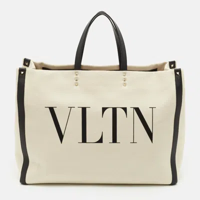 Pre-owned Valentino Garavani Off-white/black Canvas Large Vltn Logo Tote
