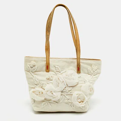 Pre-owned Valentino Garavani Off White/metallic Rose Applique And Embroidered Canvas And Lizard Tote