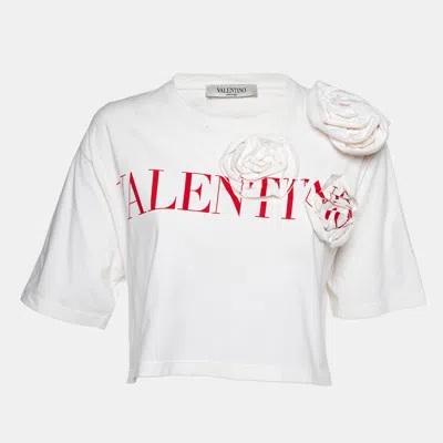 Pre-owned Valentino Off White/red Logo Print Floral-applique Top Xs